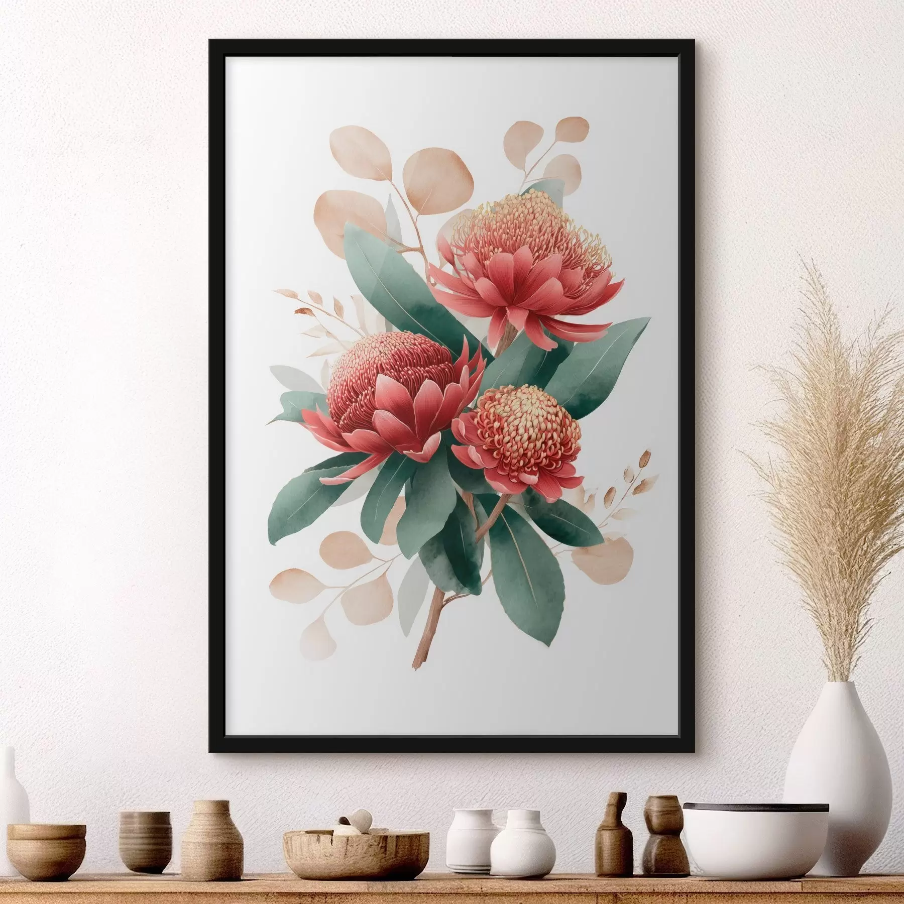 fototapet Buchet expresiv de protee și frunze decorative în stilul ilustrațiilor de artă modernă f46954