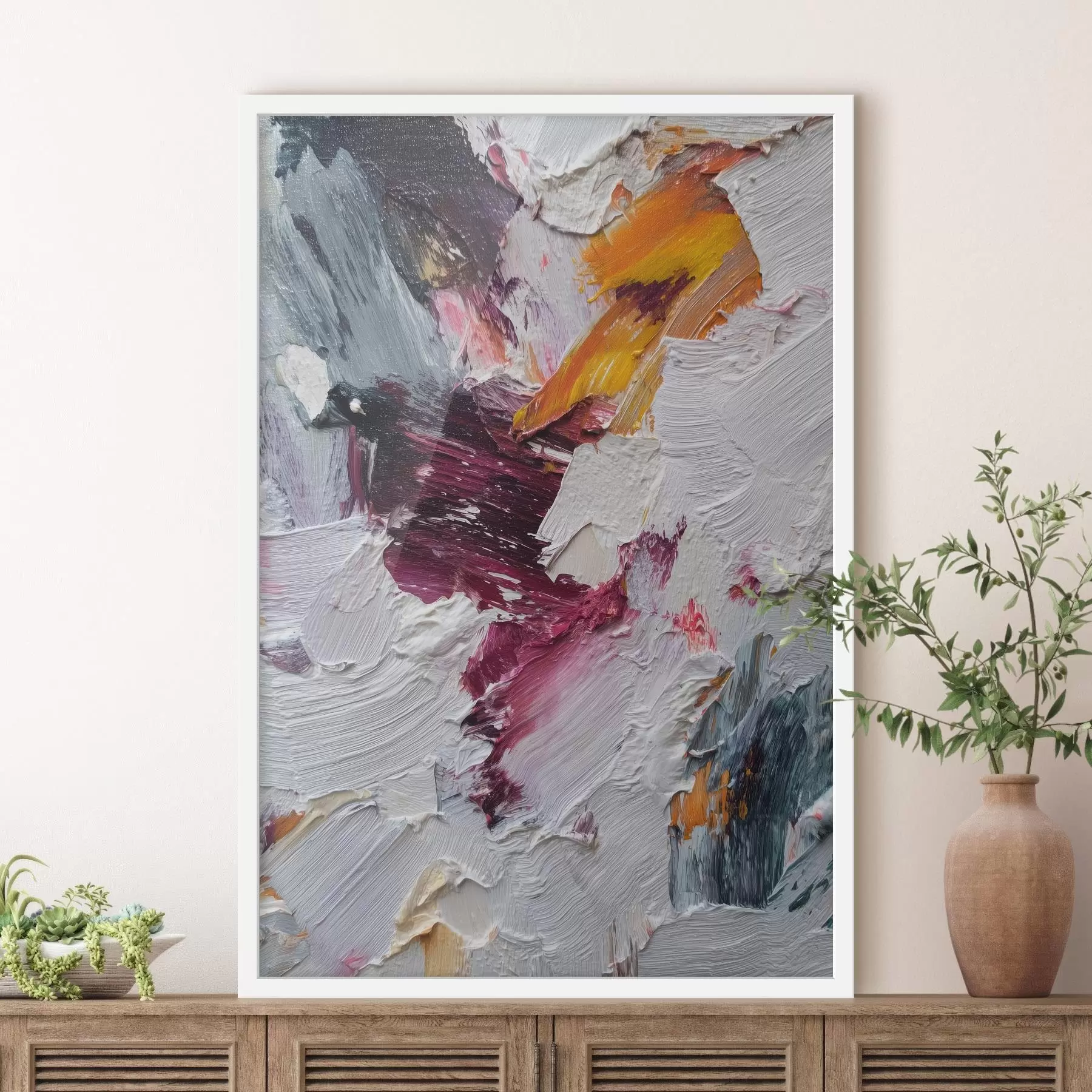 fototapet Compoziție abstractă cu tușe intense de cireș și portocaliu în stilul picturii în ulei f46959