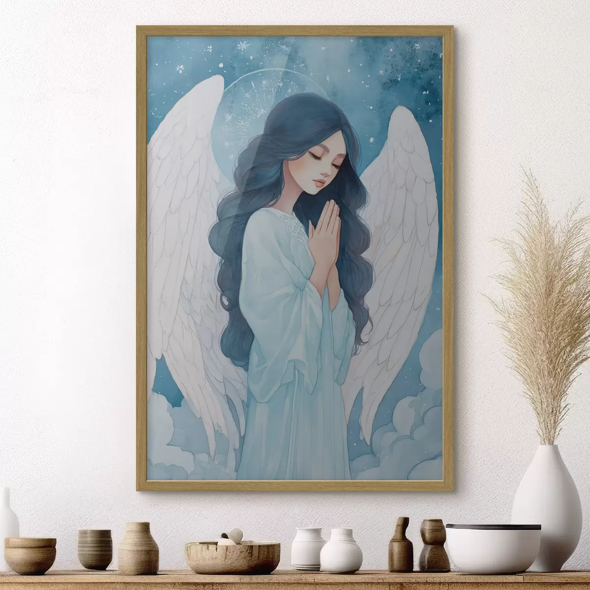 Poster Ilustrație fermecătoare a unui înger printre nori, într-o paletă de culori alb și albastru f47095