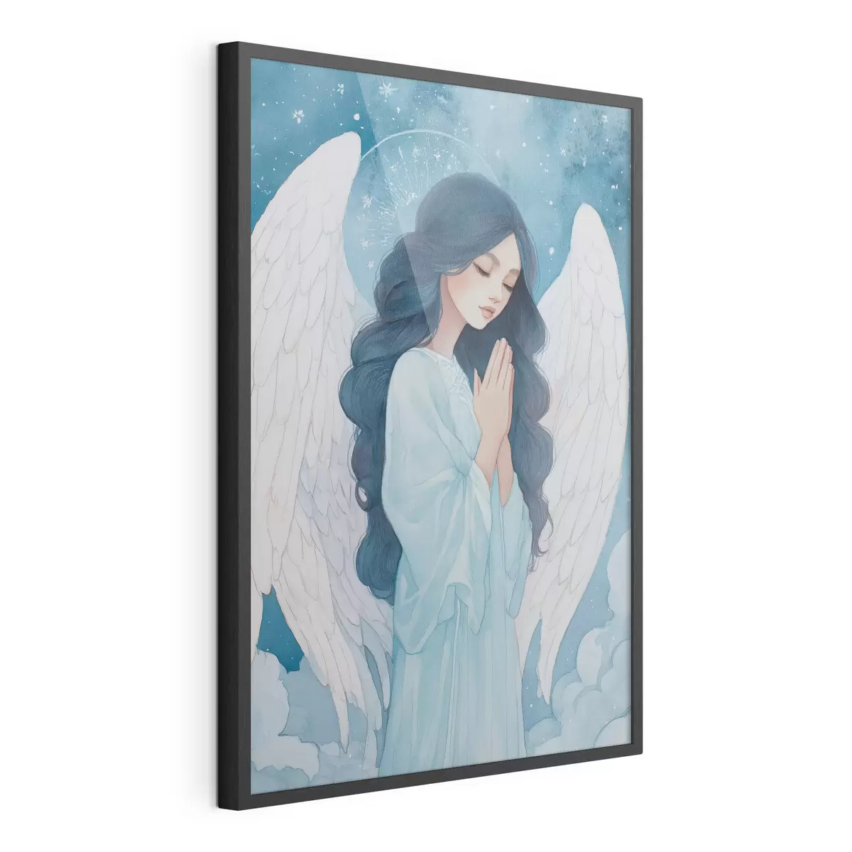 Poster Ilustrație fermecătoare a unui înger printre nori, într-o paletă de culori alb și albastru f47095