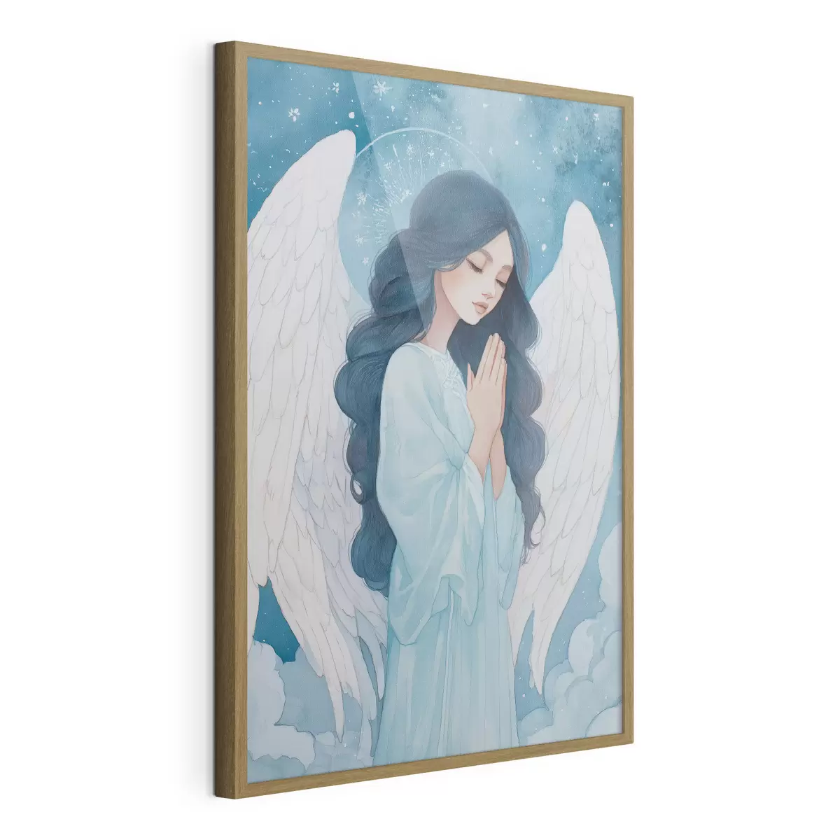 Poster Ilustrație fermecătoare a unui înger printre nori, într-o paletă de culori alb și albastru f47095