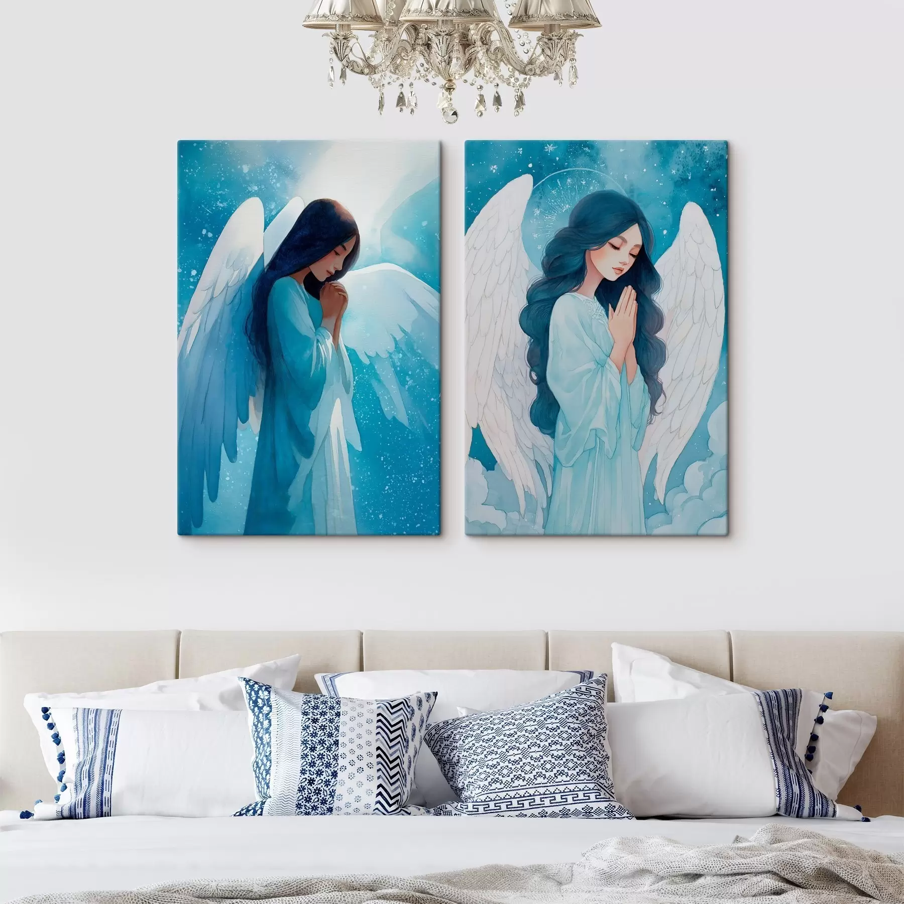 Tablouri Artă sacră modernă în stil acuarelă cu imaginea unui înger păzitor în veșminte albastre m01153