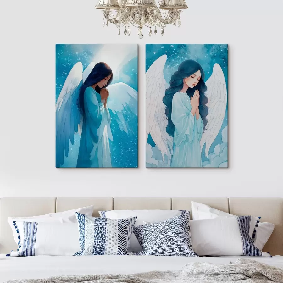 Tablouri Artă sacră modernă în stil acuarelă cu imaginea unui înger păzitor în veșminte albastre m01153