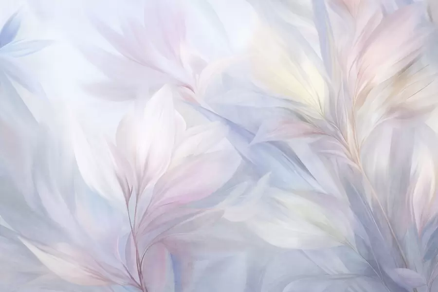 fototapet Frunze moi, în culori pastelate, și pene în nuanțe de roz, albastru și galben, imprimeu abstract și texturat w09634