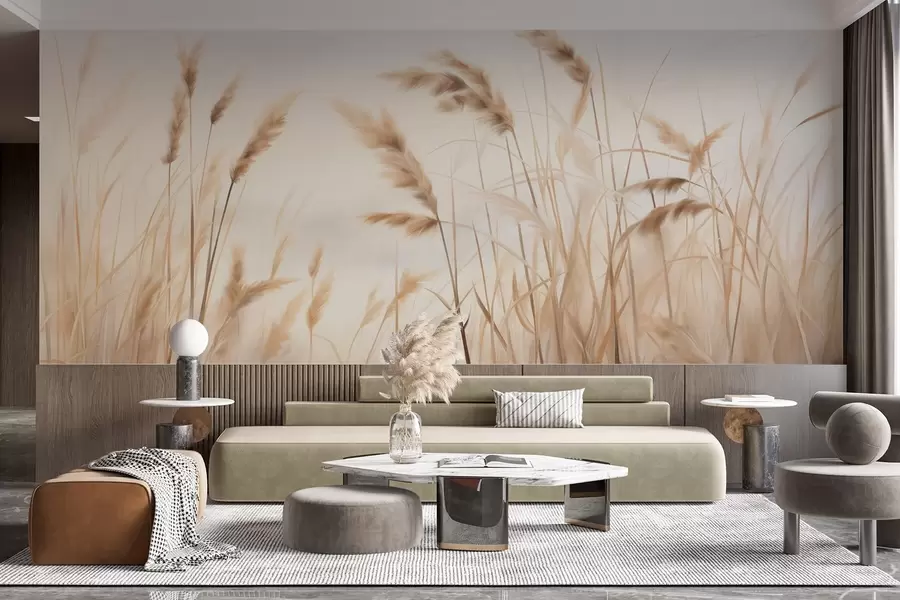 fototapet Iarbă uscată, înaltă, cu textură, cu spice de grâu în câmp, pe un fundal moale, pal w09648