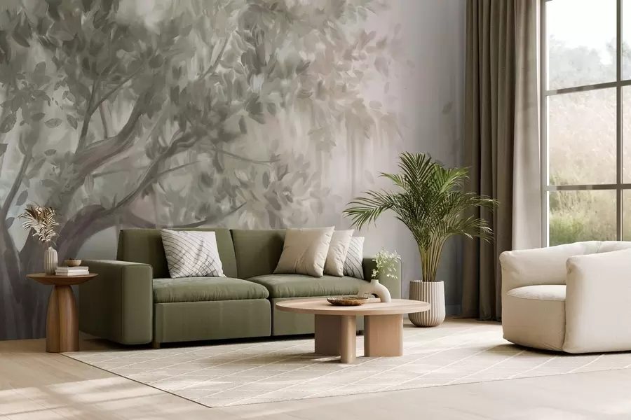 fototapet Copac texturat cu frunze și ramuri de culoare verde deschis, cu un fundal moale și încețoșat w09650