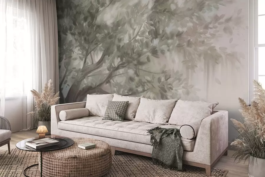 fototapet Copac texturat cu frunze și ramuri de culoare verde deschis, cu un fundal moale și încețoșat w09650