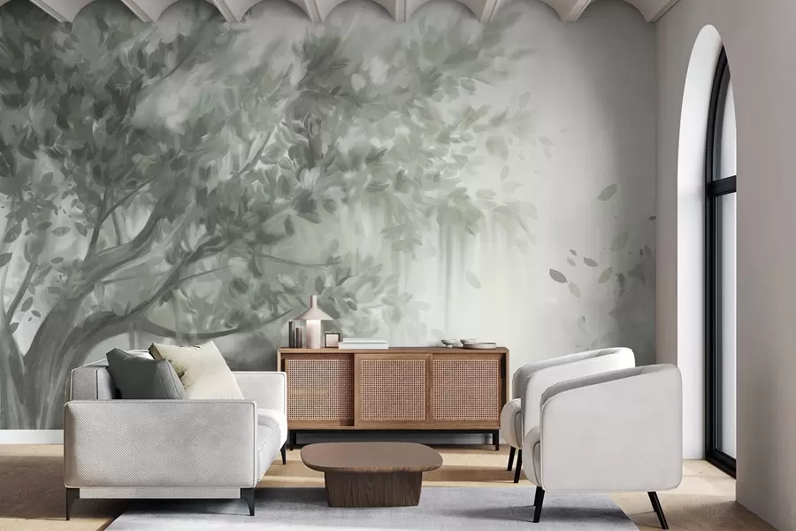 fototapet Copac texturat cu frunze și ramuri verzi, cu un fundal moale și încețoșat w09650v1