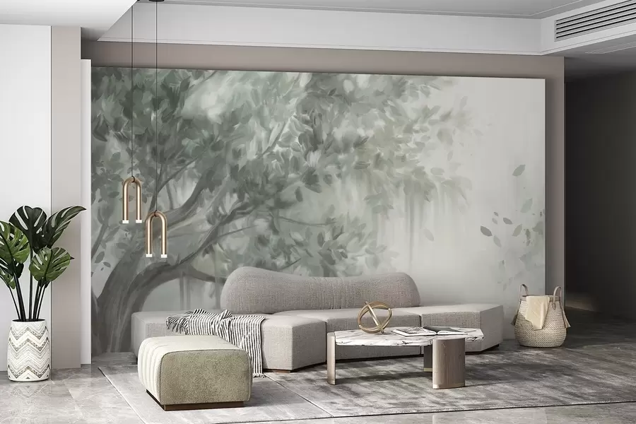 fototapet Copac texturat cu frunze și ramuri verzi, cu un fundal moale și încețoșat w09650v1