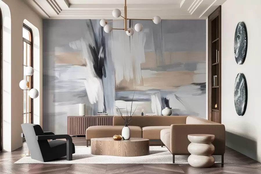 fototapet Stil pictural abstract texturat, cu tușe de pensulă în nuanțe de alb, gri și bej w09651