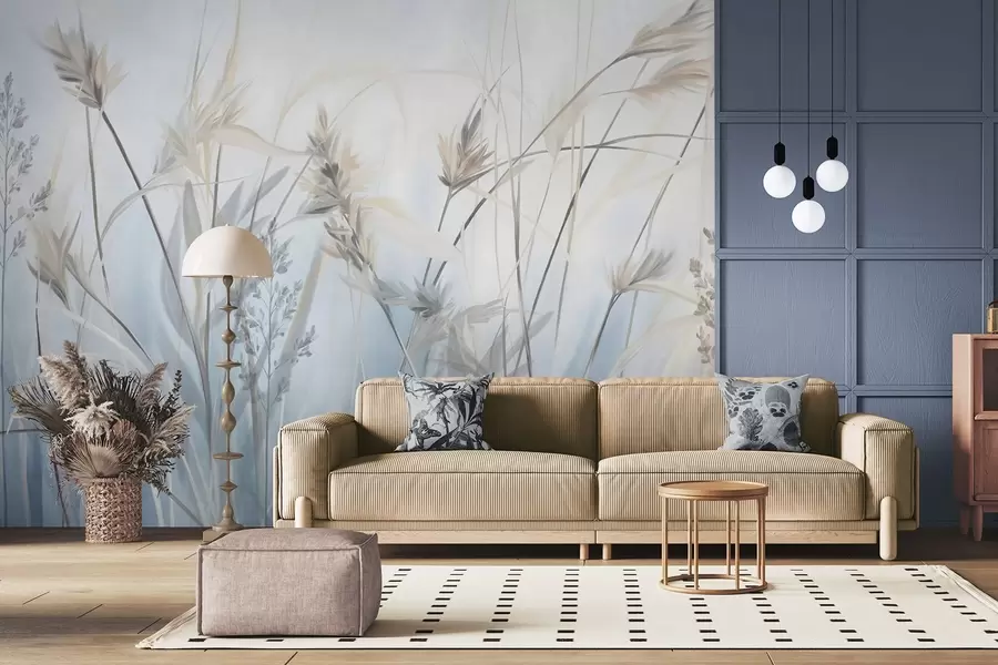 fototapet Tulpini înalte și uscate de iarbă, cu vârfuri pufoase în nuanțe discrete, pe un fundal albastru și alb difuz și delicat. w09652