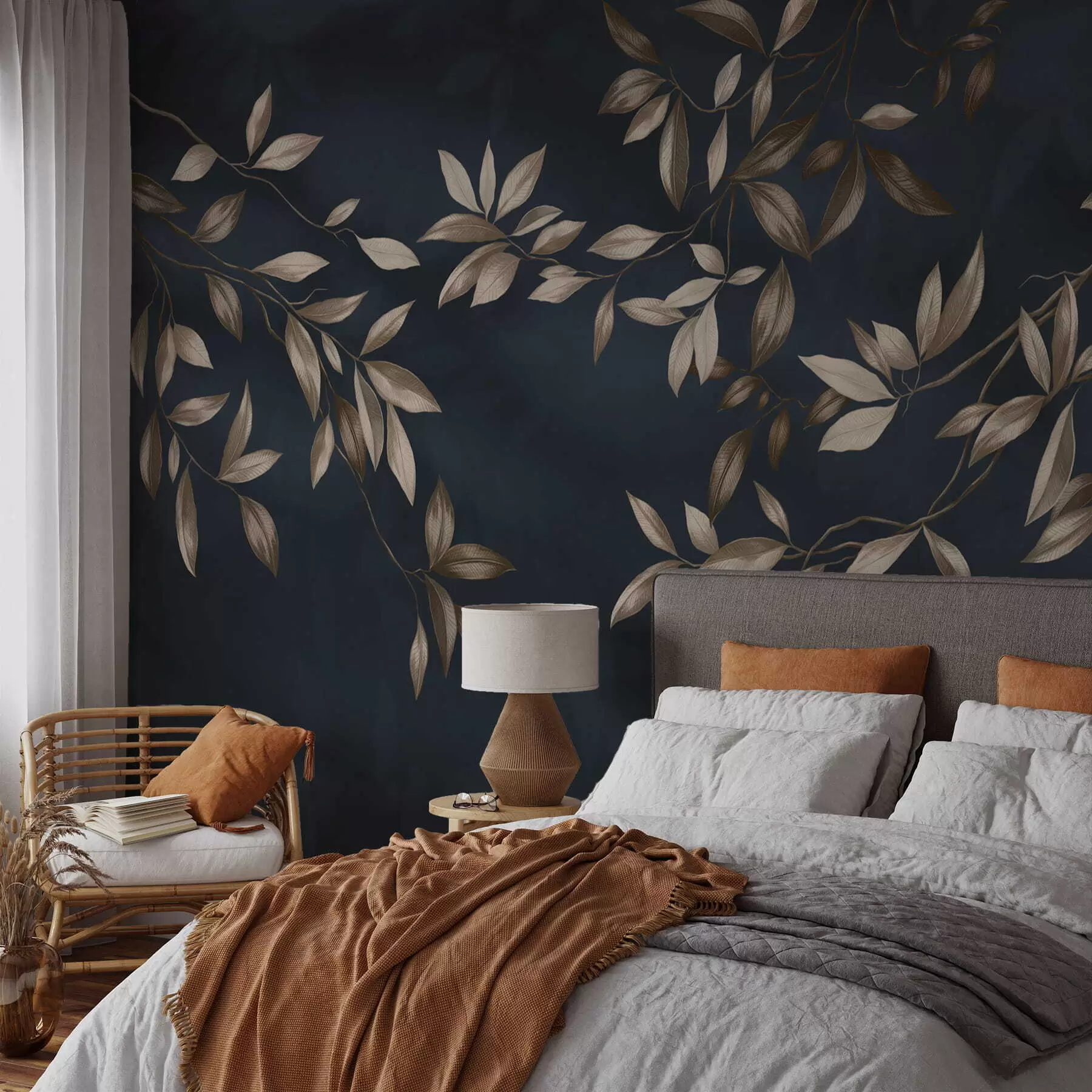 fototapet Ramuri decorative cu frunze pe un fundal albastru intens w05113v1