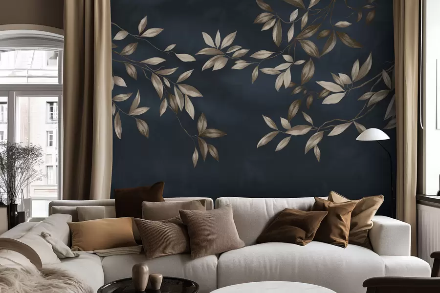 fototapet Ramuri decorative cu frunze pe un fundal albastru intens w05113v1