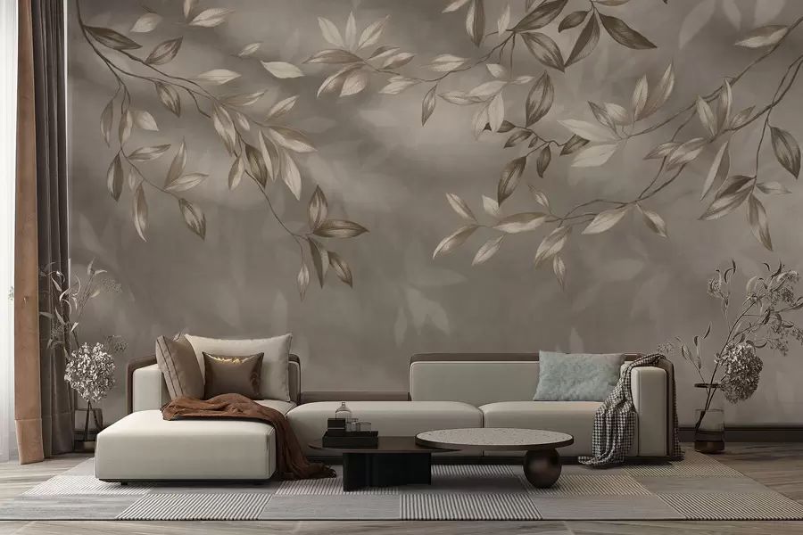 fototapet Ramuri delicate cu frunze în nuanțe de bej pe un fundal deschis w05113v2