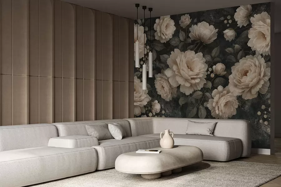 fototapet Flori voluminoase în paleta de bej pe un fundal întunecat w05114