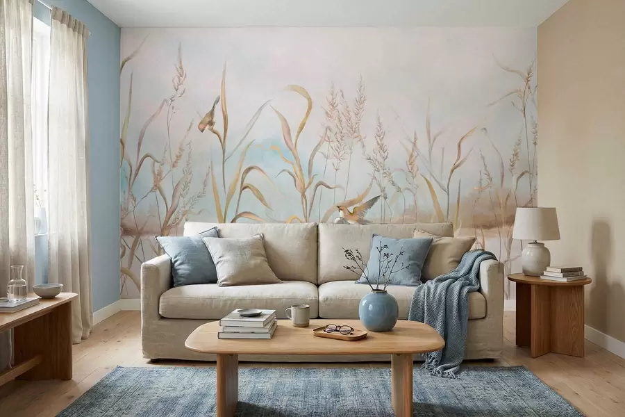 fototapet Ilustrație cu stuf și păsări lângă apă, în tonuri delicate w05125