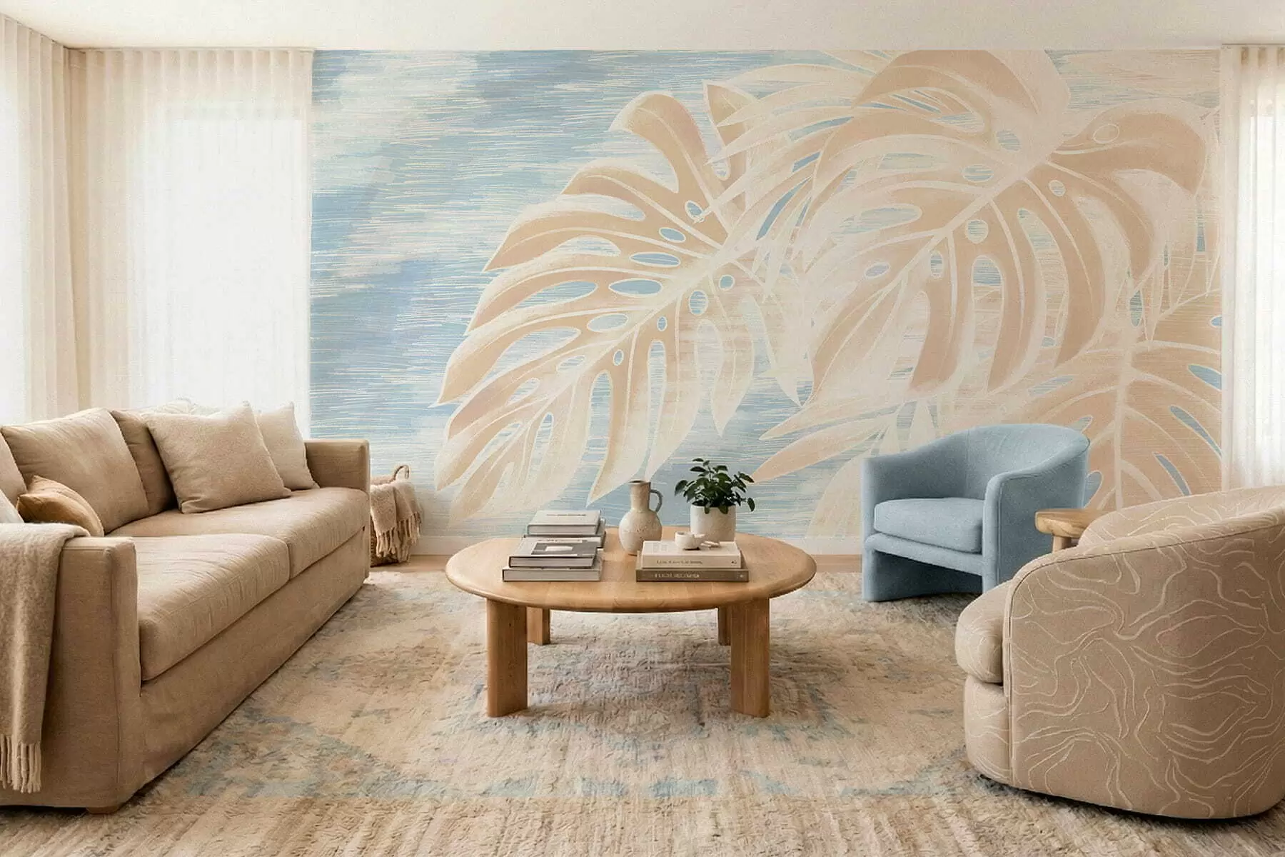 fototapet Frunze abstracte în tonuri calde de bej pe un fundal deschis w05130