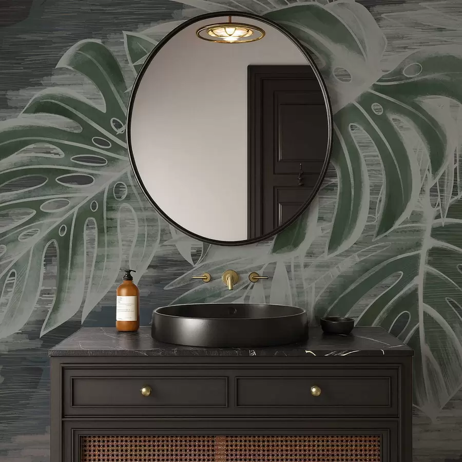 fototapet Frunze verde închis pe un fundal texturat de culoare închisă w05130v4