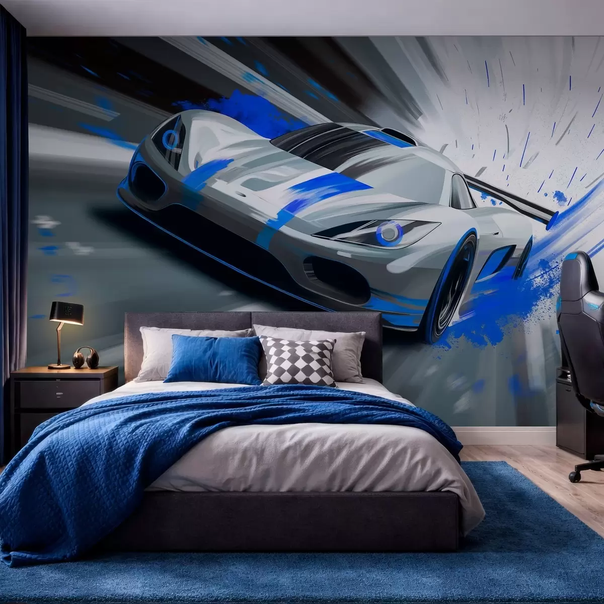 fototapet mașină sport dinamică în stil de desen digital cu accente albastre w05069