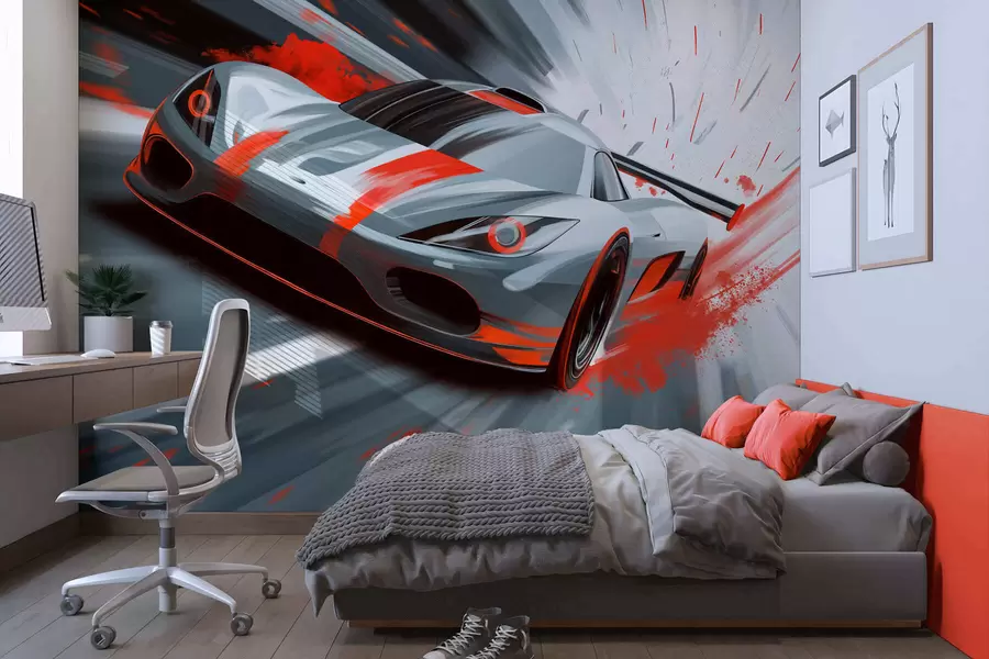 fototapet mașină sport dinamică în stil de desen digital cu accente roșii w05069v1