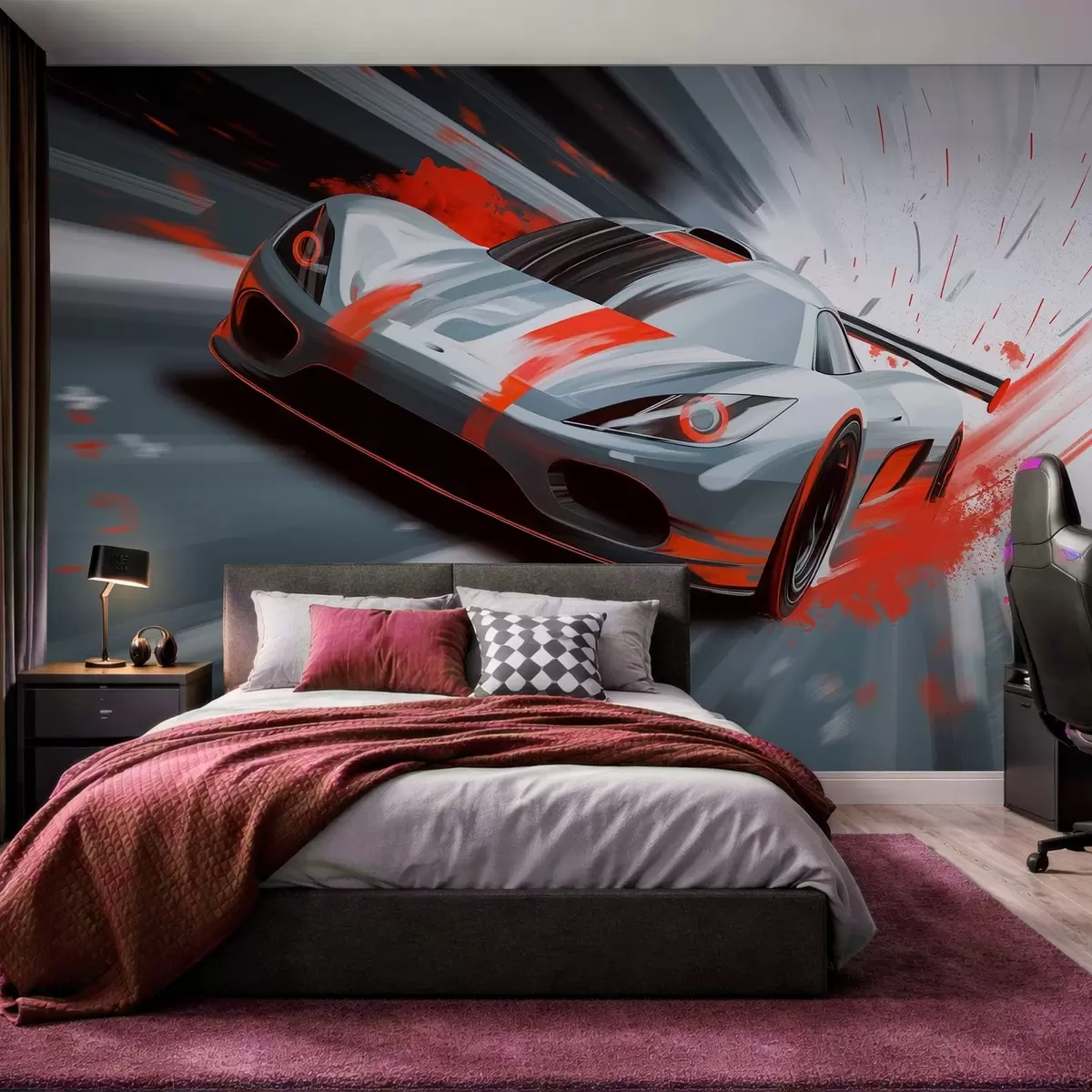 fototapet mașină sport dinamică în stil de desen digital cu accente roșii w05069v1