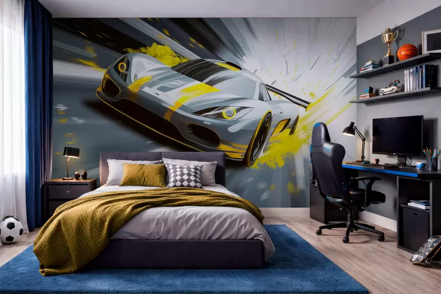 fototapet mașină sport dinamică în stil de desen digital cu accente galbene w05069v2