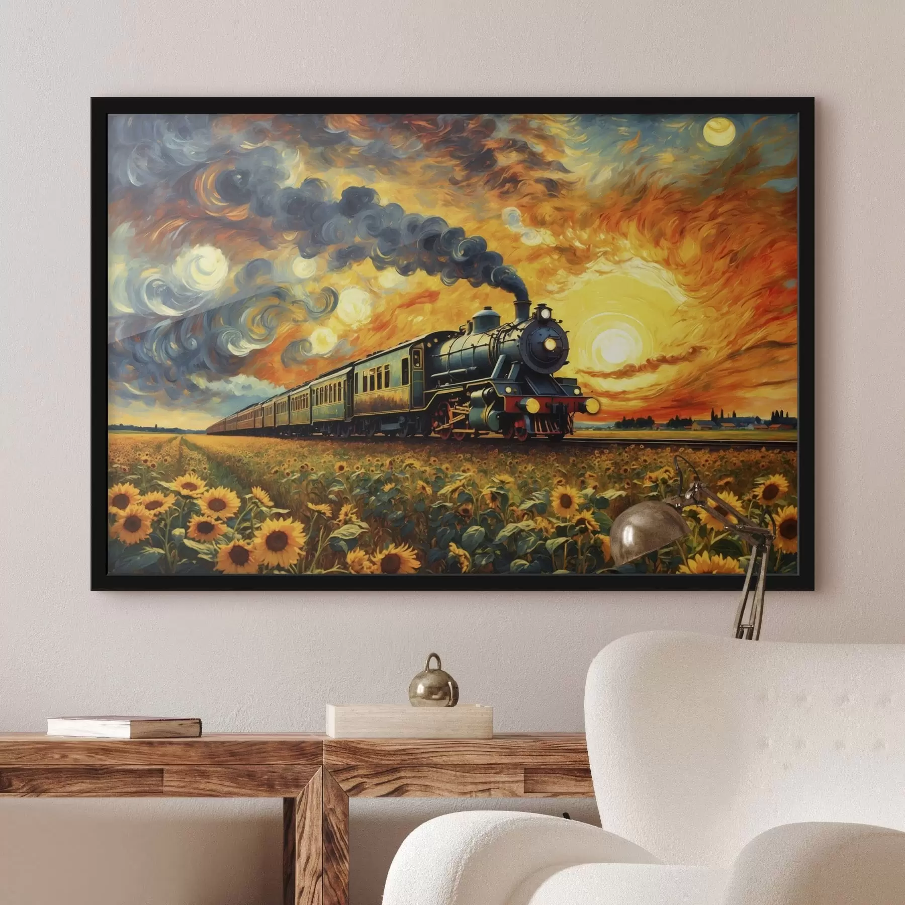 fototapet Tren cu aburi într-un câmp cu un cer spectaculos f47257