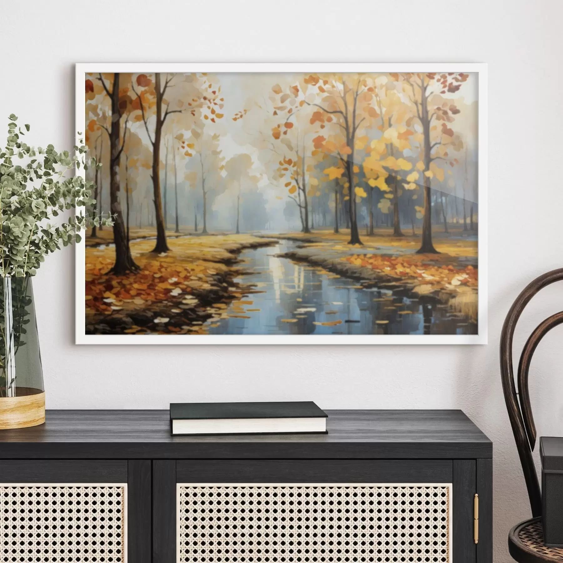 fototapet Pădure de toamnă cu un pârâu și frunze galbene f47278