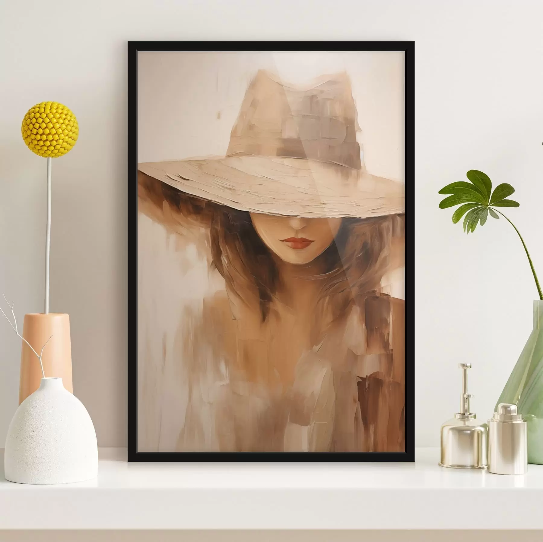 fototapet Femeie cu pălărie, pictată cu tușe abstracte calde f47312