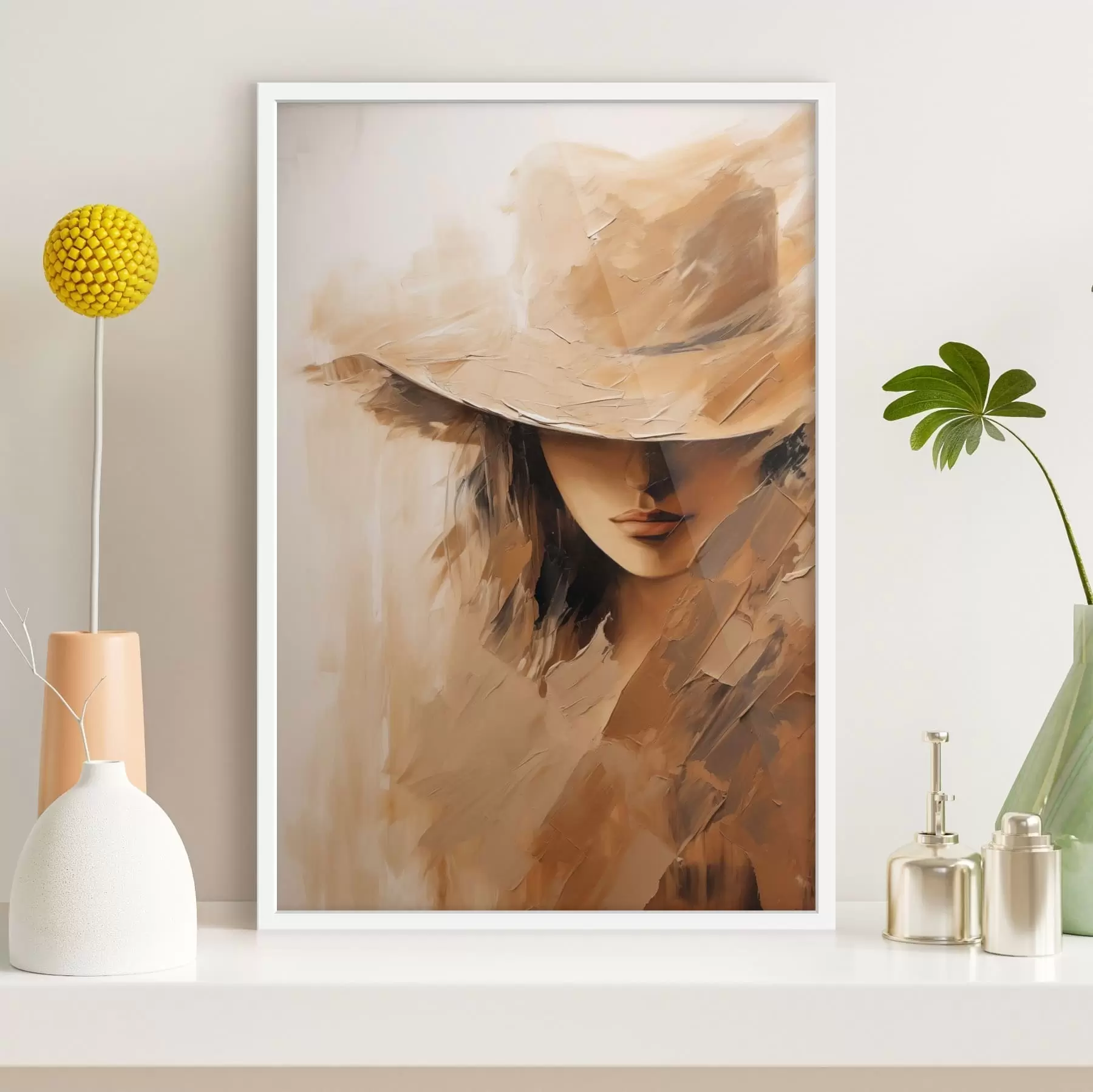 fototapet Femeie cu pălărie, pictată cu tușe calde și texturate f47315