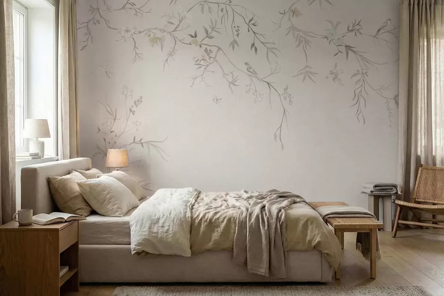 fototapet Flori delicate și păsări pe un fundal de cretă w05127