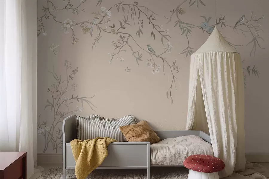 fototapet Ramuri florale cu păsări pe fundal bej cald w05127v1