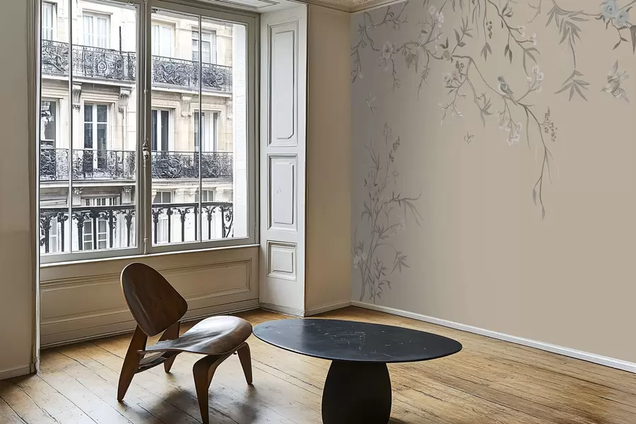 fototapet Ramuri florale cu păsări pe fundal bej cald w05127v1