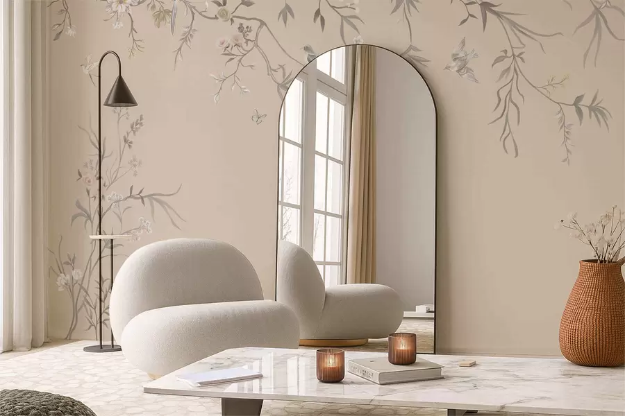 fototapet Ramuri florale cu păsări pe fundal bej cald w05127v1