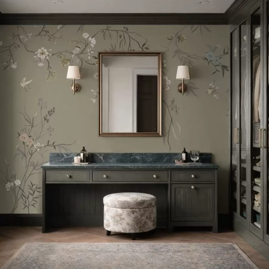 fototapet Motiv floral cu păsări pe fundal gri w05127v4