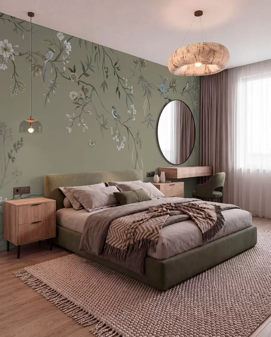 fototapet Motiv floral cu păsări pe fundal gri w05127v4