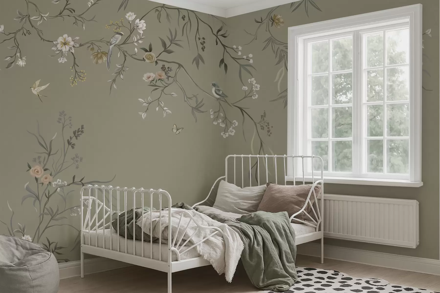 fototapet Motiv floral cu păsări pe fundal gri w05127v4