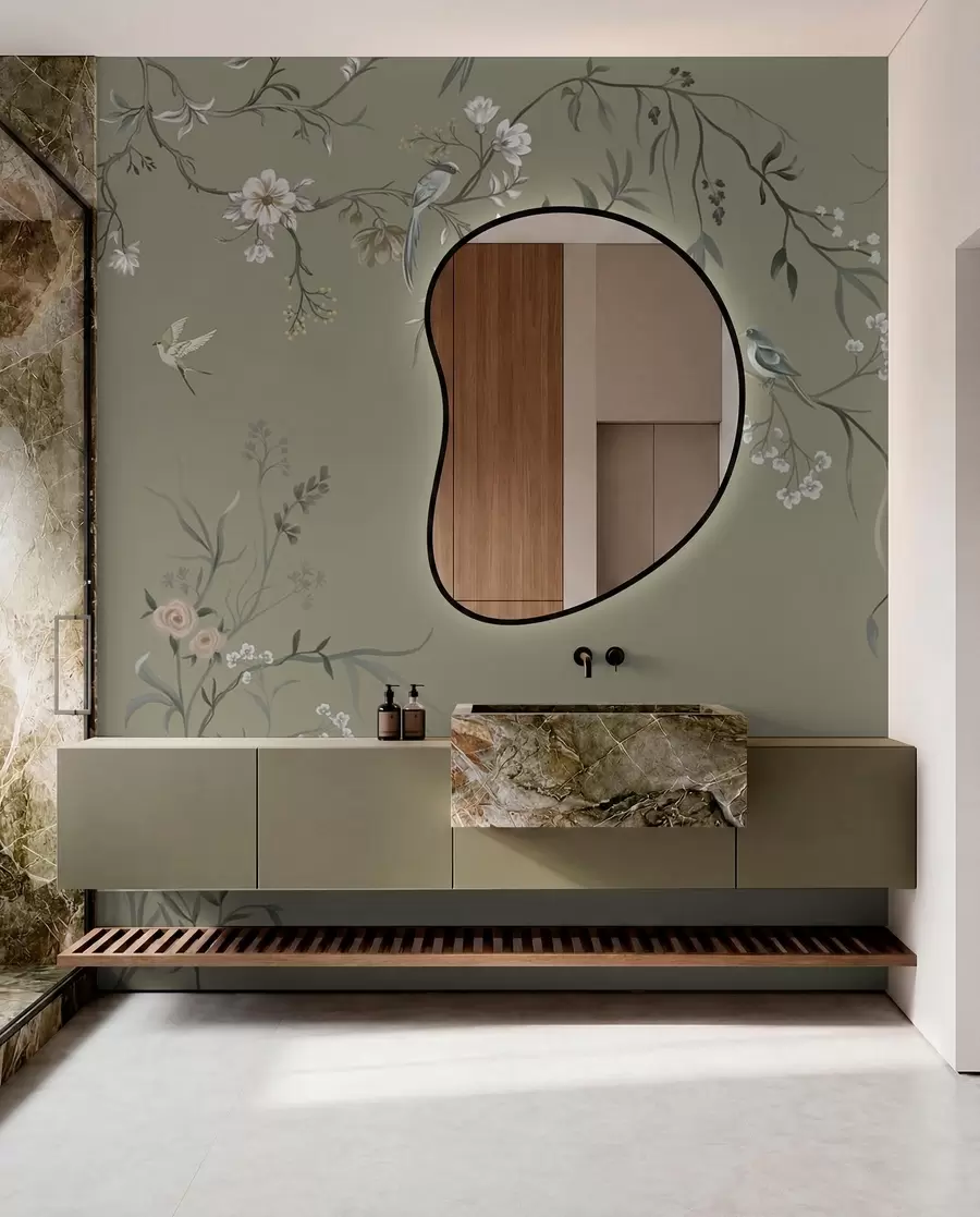 fototapet Motiv floral cu păsări pe fundal gri w05127v4