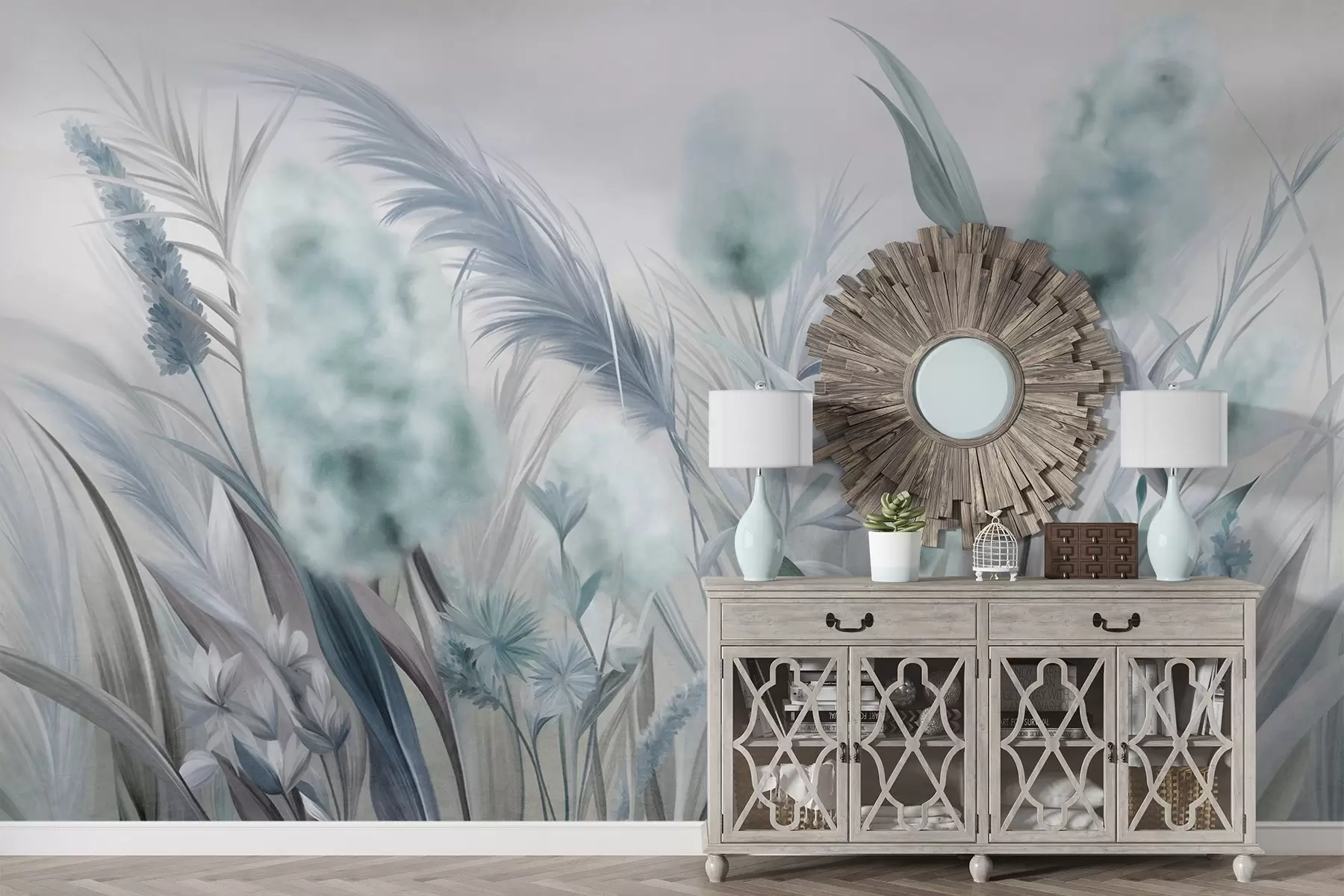 fototapet Iarbă pampas albastră și gri și alte flori uscate, cu un cer moale și încețoșat în fundal w09635v1