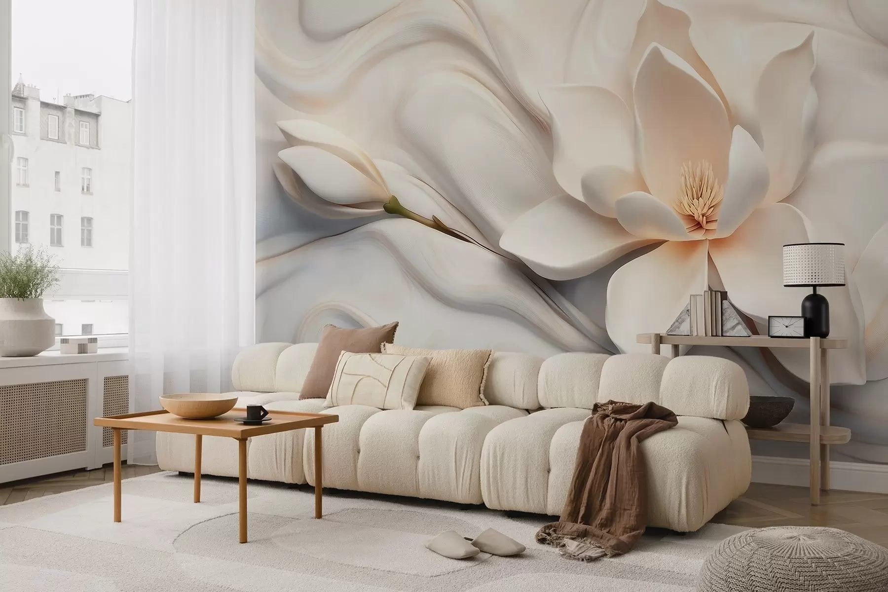 fototapet Magnolie albă tridimensională cu imitație de textură de marmură în relief w09729