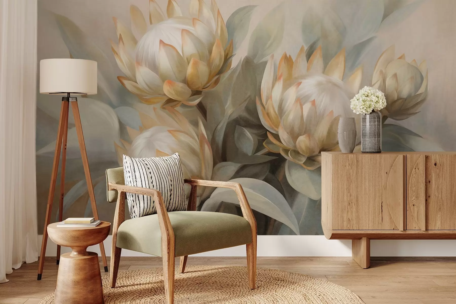 fototapet Flori protea texturate cu frunze verzi și un fundal moale, estompat w09738