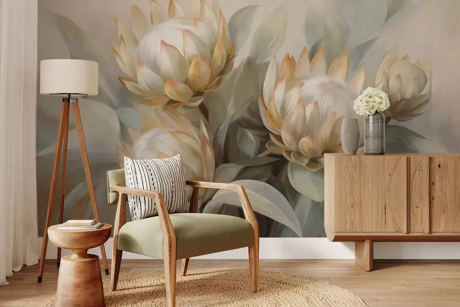 fototapet Flori protea texturate cu frunze verzi și un fundal moale, estompat w09738