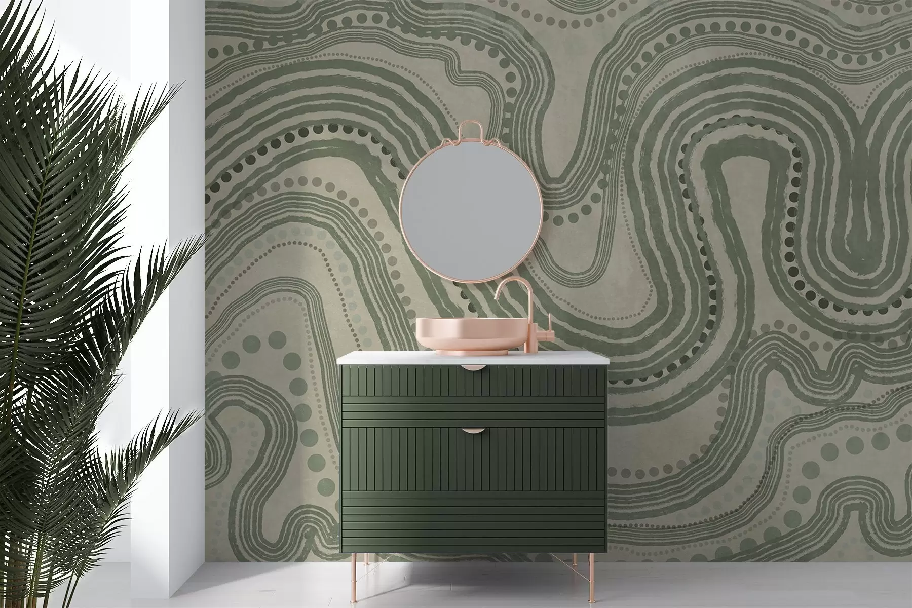 fototapet Linii și puncte ondulate abstracte verzi și bej, artă modernă texturată w09747