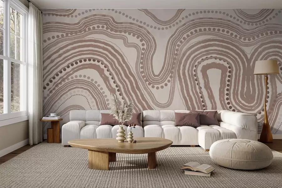 fototapet Linii și puncte ondulate abstracte maro și bej, artă modernă texturată w09747v1