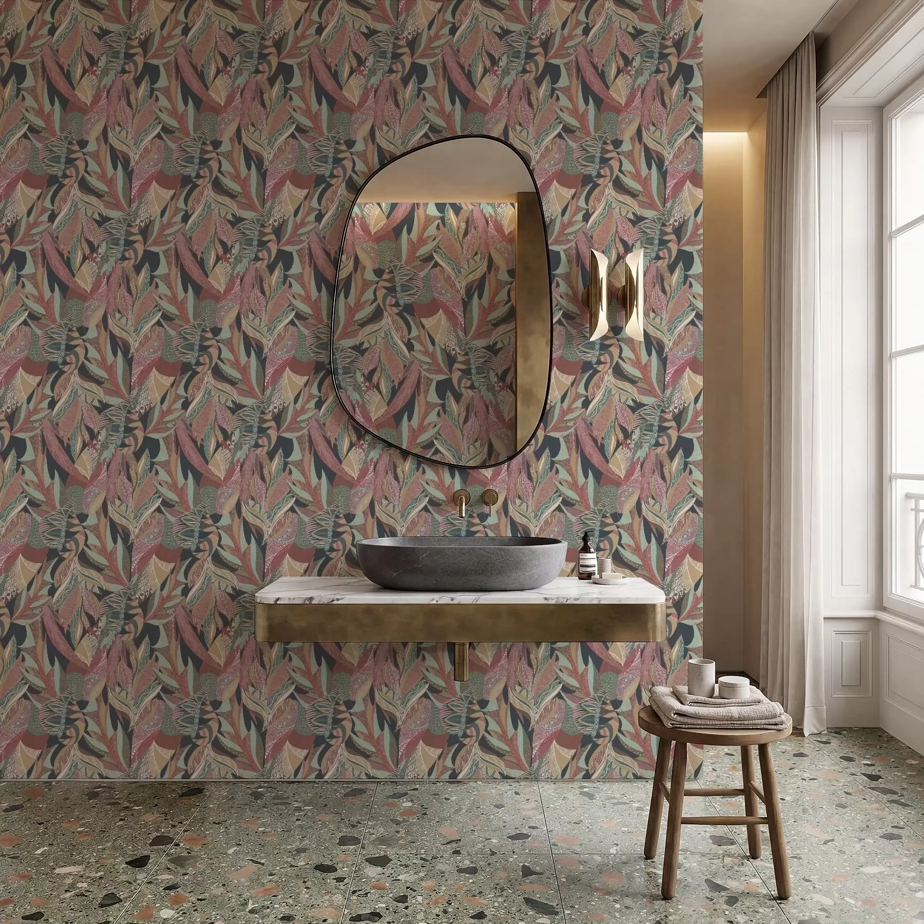 fototapet Frunze cu modele colorate pe fundal întunecat a01120