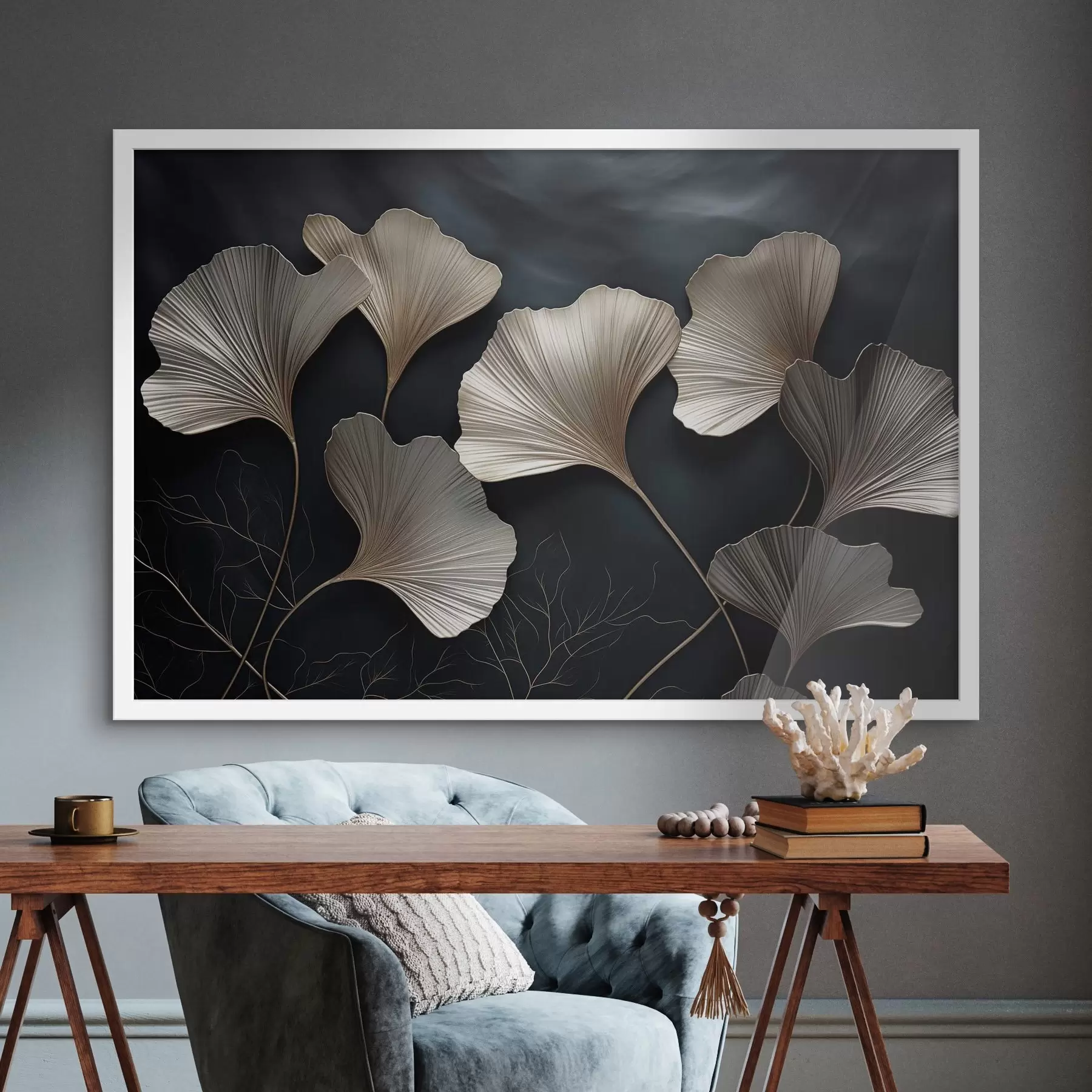 fototapet Frunze de ginkgo pe fond întunecat f48008