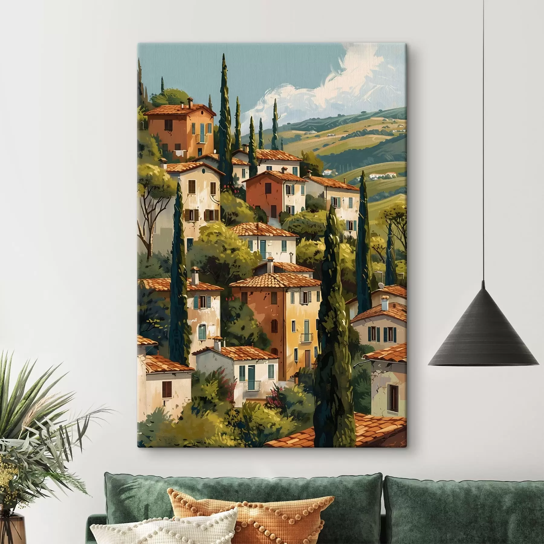 Tablouri sat mediteranean situat pe un deal, cu case în culori calde și acoperișuri din teracotă s47950