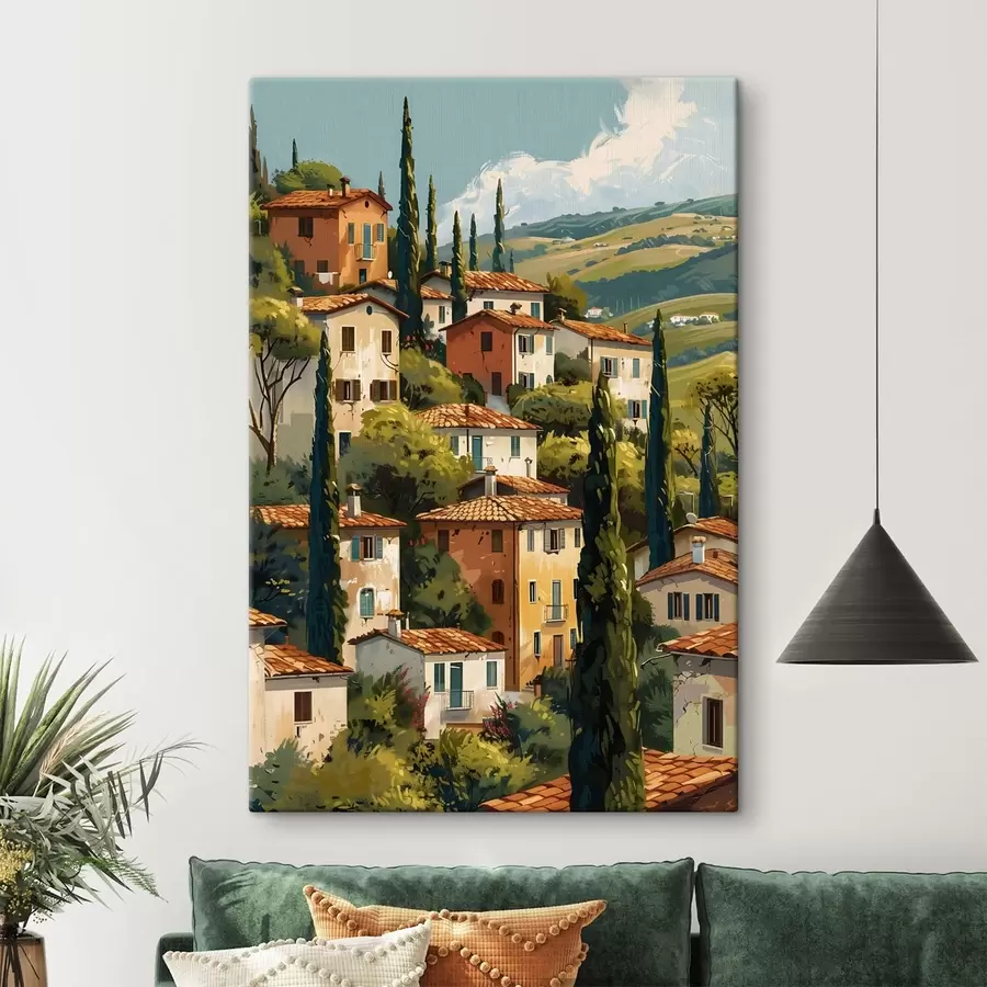 Tablouri sat mediteranean situat pe un deal, cu case în culori calde și acoperișuri din teracotă s47950