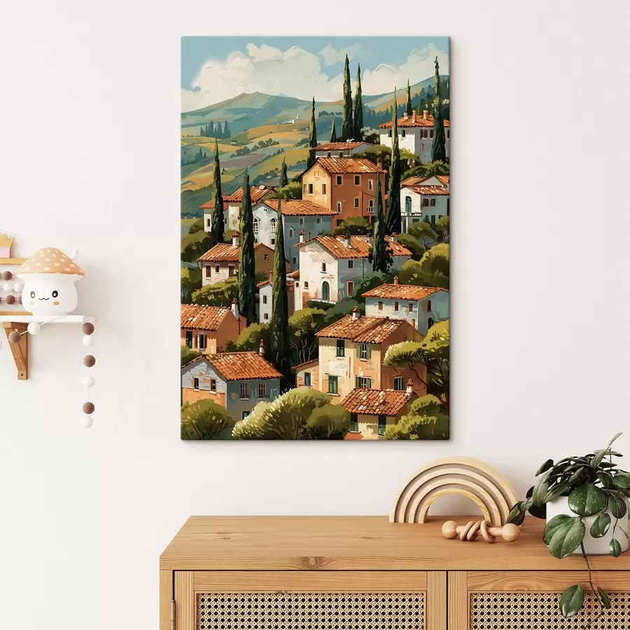Tablouri sat mediteranean situat pe un deal, cu case în culori calde și acoperișuri din teracotă s47951