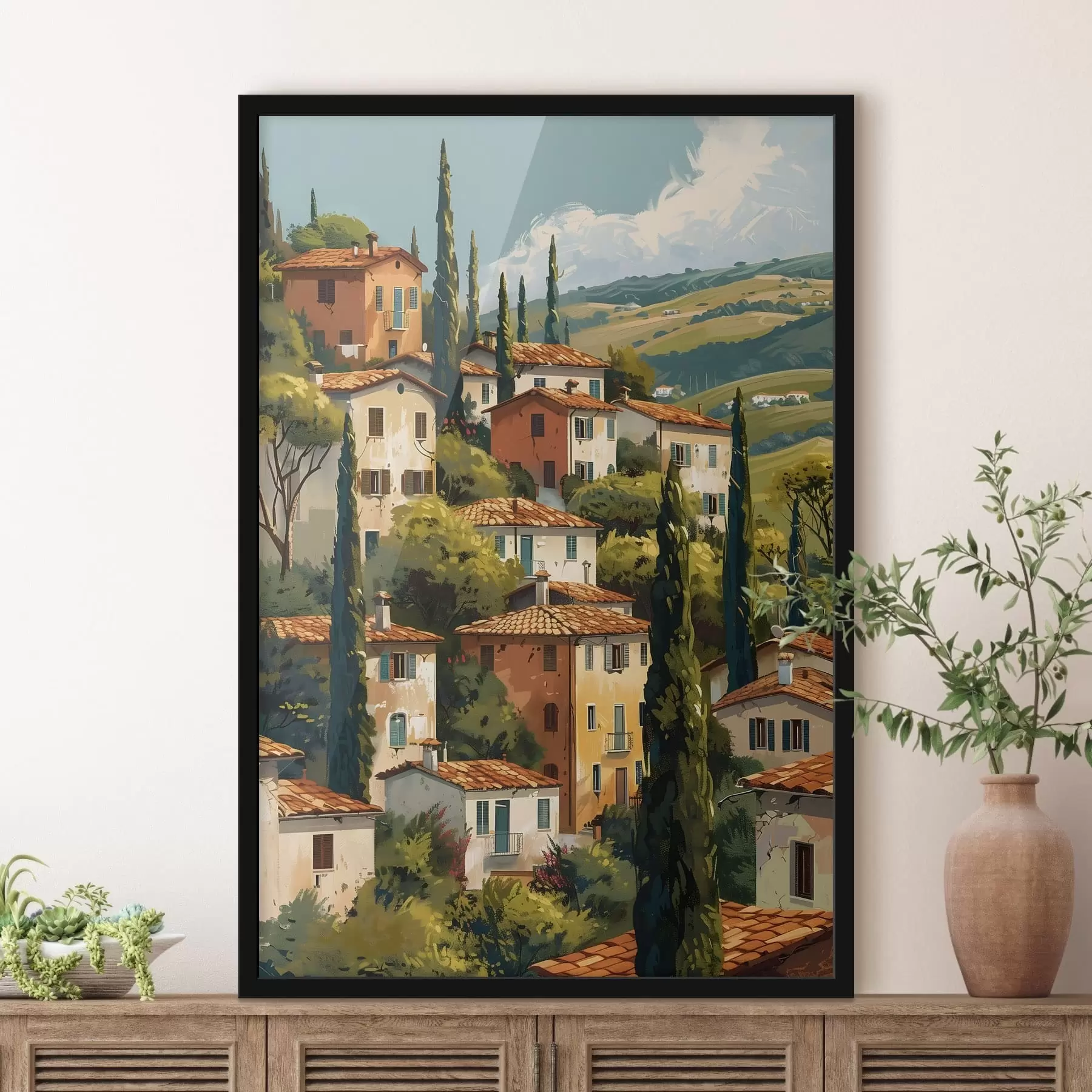 fototapet sat mediteranean situat pe un deal, cu case în culori calde și acoperișuri din teracotă f47950